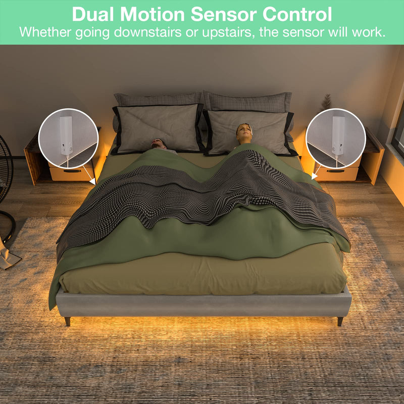 WOBANE Dual Motion Sensor Under Bed Lights,Rechargeable 16.4ft LED Light Strip,Battery Powered Tape Light for Shelves,Cabinet,Anywhere,PIR Detector,Cuttable,Flexible,2700K Warm White White&Warm White(2700K)