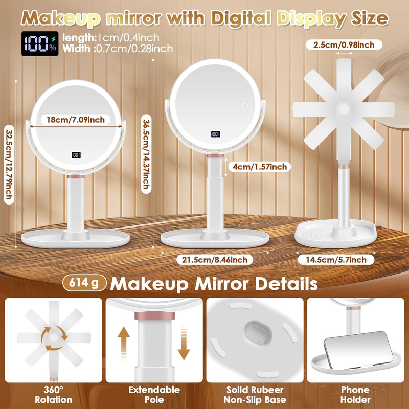 MIYADIVA Makeup Mirror with Lights, 30X/1X Magnifying Mirror with Digital Display, Height Adjustable Desk Mirror, Detachable for Travel, Vanity Mirror with Phone Holders and Tweezers, Gifts for Women White