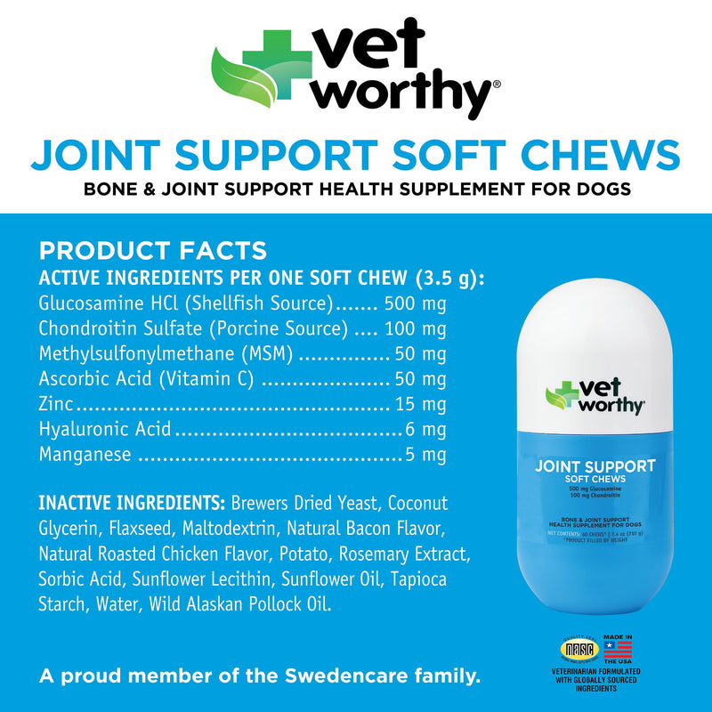 Vet Worthy Joint Support Soft Chews - Bone and Joint Supplement for Dogs - Contains Glucosamine Chondroitin for Dogs & MSM - Formulated for Stiffness, Mobility, and Cartilage Protection – 60 Count