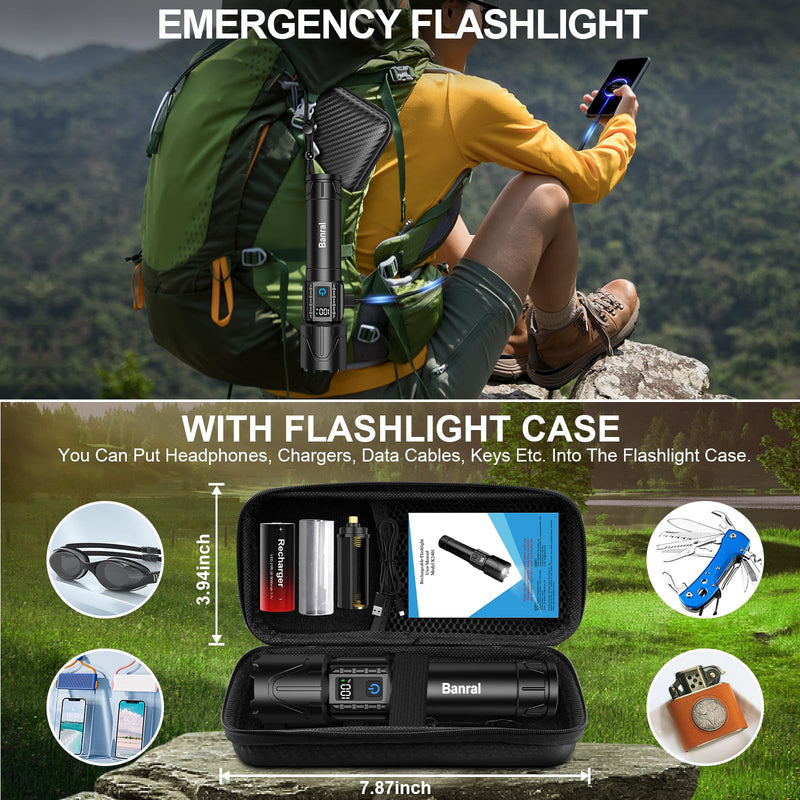 Banral Rechargeable Tactical Flashlights 2000 High Lumens - 5000mAh Super Bright LED Powerful Flash Light, Waterproof Handheld USB C Flashlight for Home,Car,Camping,Emergencies,5 Modes (1, Black) 1