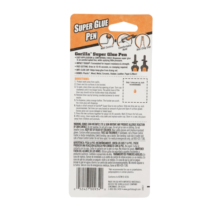 Gorilla Super Glue Pen, Cyanoacrylate Glue, Fast Setting, Precise Dispensing Pen Shaped Applicator, Clear, 5.5g (Pack of 1) 1 - Pack
