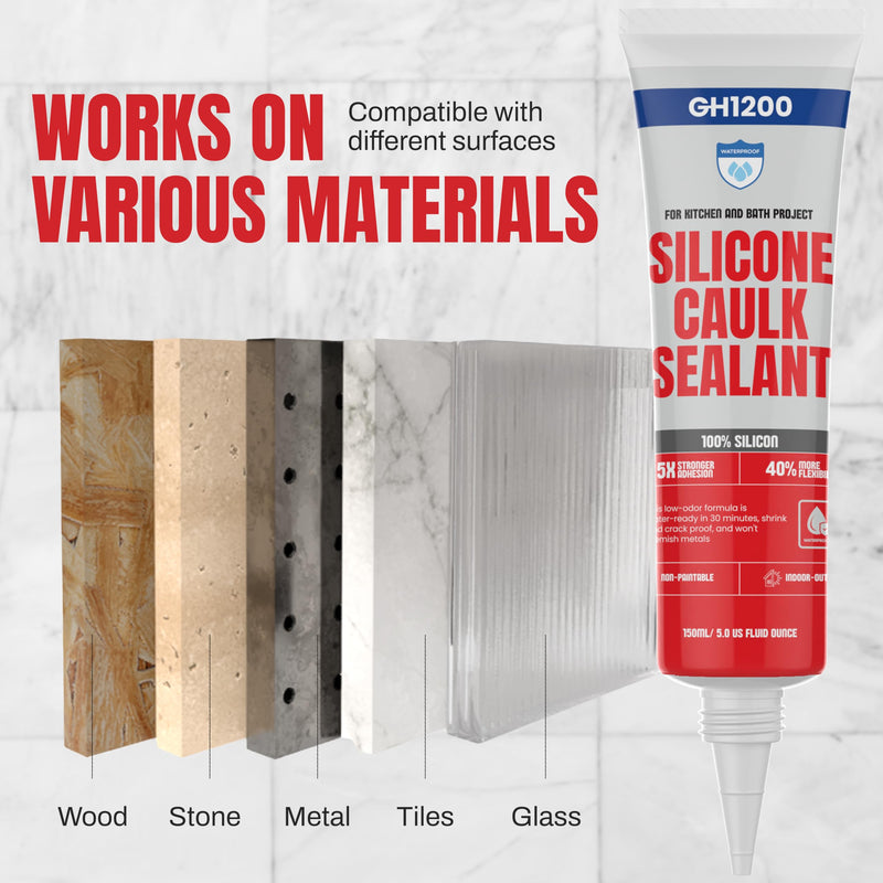 GH1200 150 ML/5 FL Oz Silicone Caulk Clear Silicone Sealant Waterproof, Kitchen & Bathroom Caulk - Shrink & Crack Proof - Indoor & Outdoor Use Silicone Glue - Strong Caulking Formula Tube 150 ML Clear Silicone Sealant