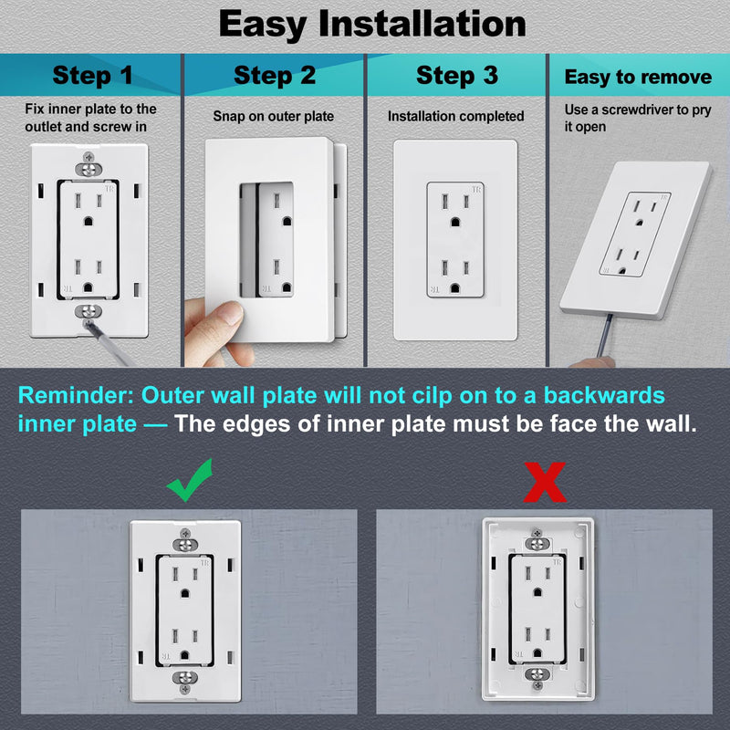 CML Decorator Screwless Wall Plate, 1-Gang Receptacle Outlet Cover, 8 Pack Hidden Screw Smooth Face Switch Plates, Standard Size 2.91"x4.68", Impact Resistant, White Gloss White