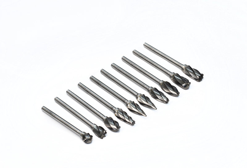 1/8 inch Carbide Burr Set - 10pcs Aluma Cut Carbide Rotary Burrs for Aluminum 3mm Shank Fits Die Grinder Drill for Woodworking,Drilling, Aluminum Craving,Engraving, Polishing