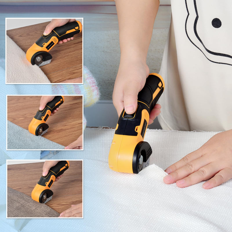 Cordless Electric Scissors, 4 V Rechargeable Rotary Cutter with LED Light, Safety Lock and Portable Storage Case for Cutting Fabric, Cardboard, Leather, Carpet and PVC Boxes，Yellow