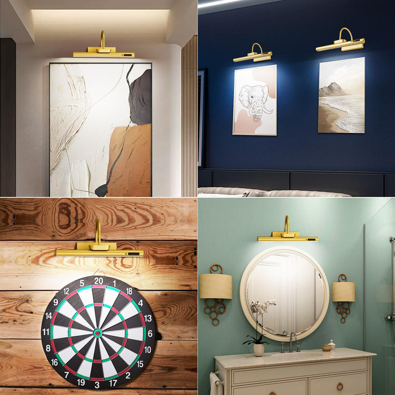 Bridika Picture Light Battery Operated, 13.8in Picture Lights for Wall, 3 Colors & Brightness Dimmable, Rechargeable Art Light for Paintings Photo Dartboard Gallery Bedroom Bathroom Gold