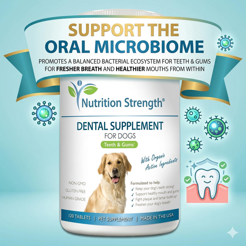Dental Care for Dogs - Natural Plaque & Tartar Remover for Teeth - Fresh Breath Dog Supplement with Organic Kelp, Strawberry Leaf & Pumpkin Seed for Gum Health - 120 Tablets