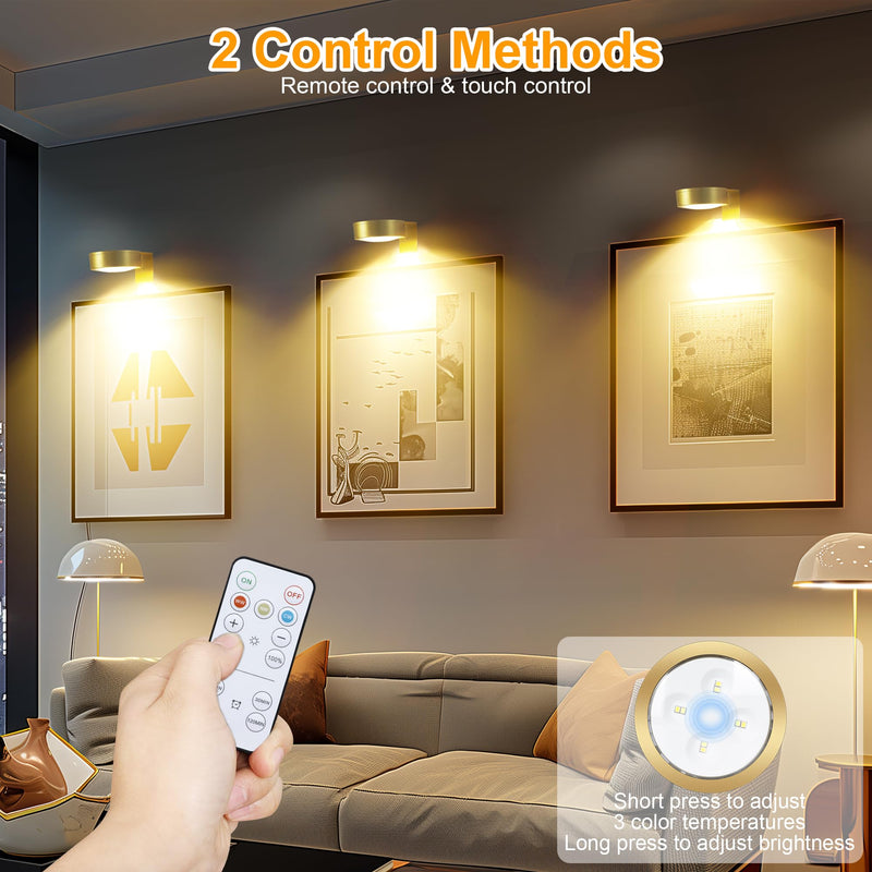 3Pcs Battery Operated Picture Light, Magnetic Led Painting Light with Remote Dimmable and Timer, 3 Lighting Modes Art Display Light for Picture Frame Paintings, Wireless Wall Decor Puck Lights, Gold Gold, Battery Operated 3 Pack