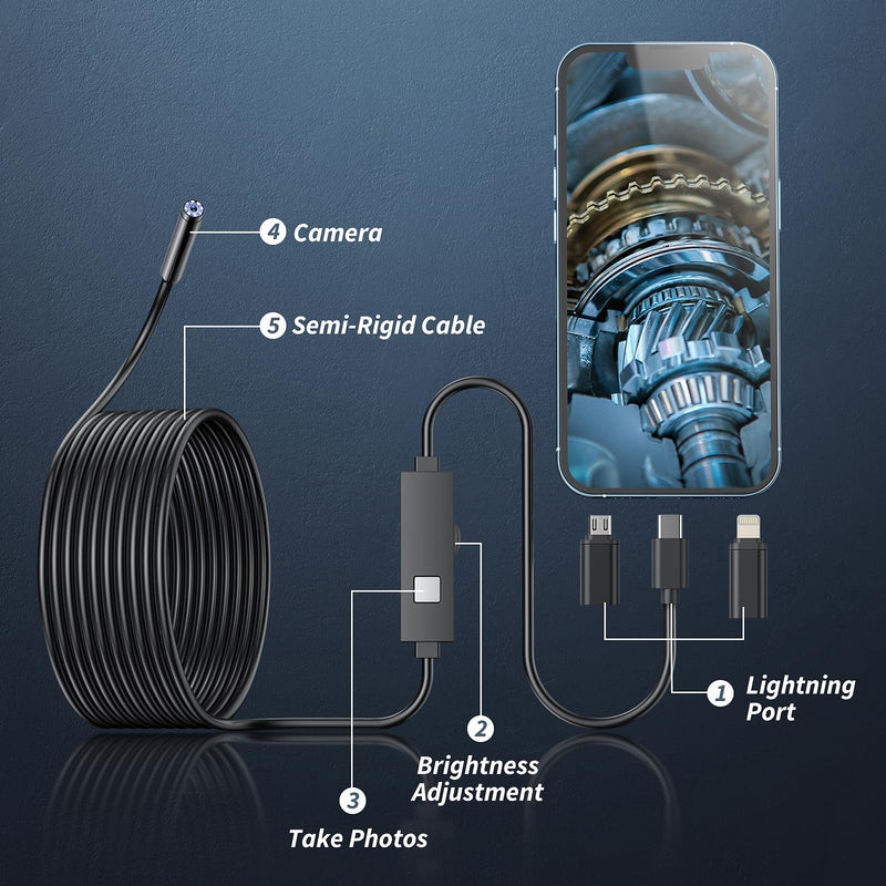 Endoscope Camera with Light, 1920P HD Borescope Tools with 8 Adjustable LED Lights, Endoscope with 16.4ft Semi-Rigid Snake Camera, 7.9mm IP67 Waterproof Inspection Borescope for iOS and Android-16.4ft 3 Interface 16.4ft