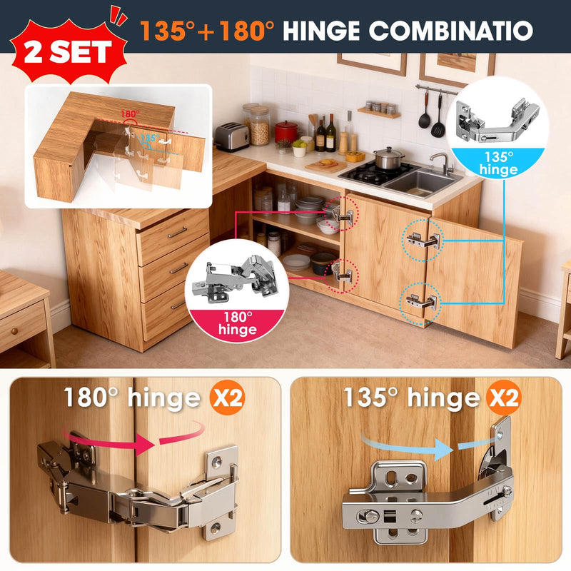 2-Pack 180° & 135° Soft Close Full Overlay Corner Cabinet Hinges Kit for Lazy Susan Bifold Doors, Hydraulic Hinge with Damper for Pie Cut Corner Kitchen Cabinet, 2x180°+2x135° 2
