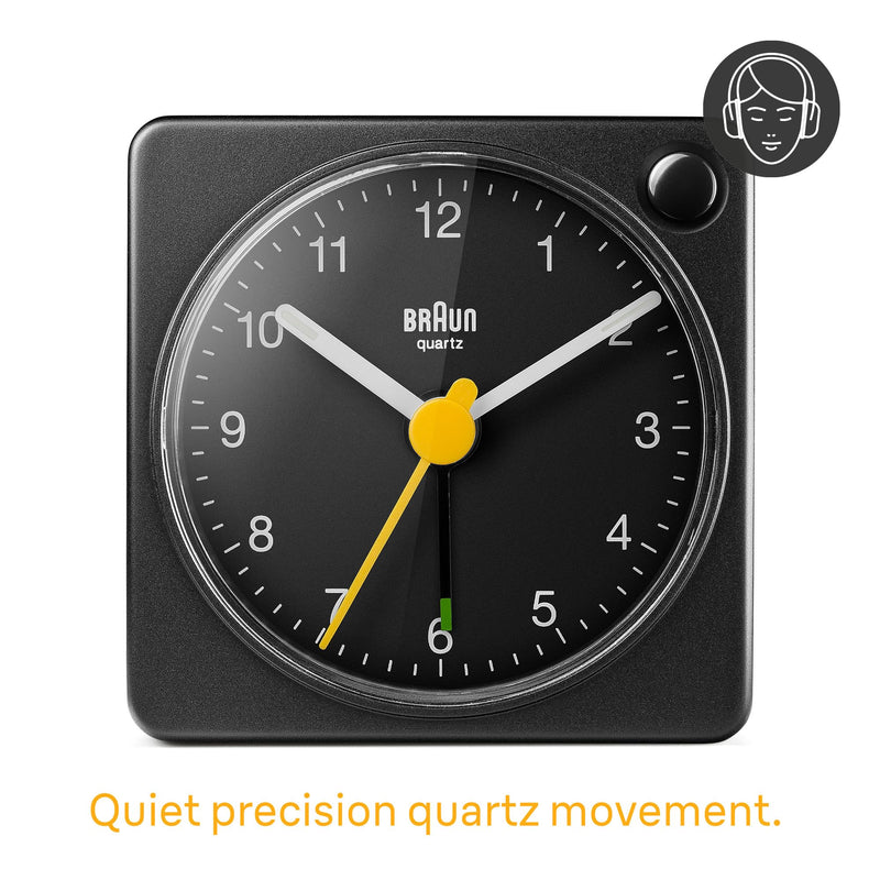 Braun Classic Travel Analogue Alarm Clock with Snooze and Light, Compact Size, Quiet Quartz Movement, Crescendo Beep Alarm in Black, Model BC02XB. 1 Pack