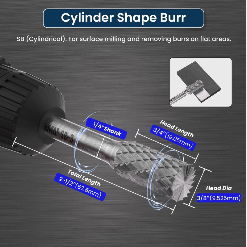 LU&MN SB-3 Tungsten Carbide Burr - Industrial-Grade Double Cut Rotary Burr - 3/8" Head 1/4" Shank - Deburring, Chamfering, Engraving, Polishing - Metal & Wood - 4 Pcs SB-3 4PCS