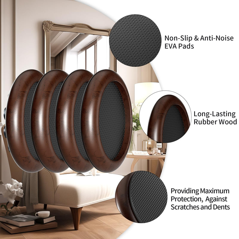 2” Non Slip Wood Furniture Coaster, 4 Pcs Anti Slip Furniture Pads for Hardwood Floors, Round Sofa Bed Couch Furniture Caster Cups with Anti-Slide EVA Pads Floor Protectors Anti-Scratch (Dark Brown) 2 inch