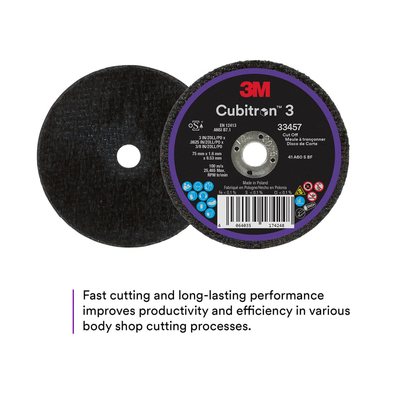 3M Cubitron 3 Cut-Off Wheel 33457, 3 in x 0.0625 in x 3/8 in, Long Lasting Performance, High Cut Rate, for Automotive Cutting and Splicing, Collision Repair, 5 Wheels