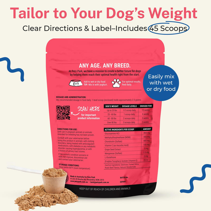 Glucosamine for Dogs - Hip & Joint Support Powder with Chondroitin & MSM - Arthritis Pain Relief, Hip Dysplasia Treatment - 800mg Glucosamine - 45 Scoops 3.9 oz - PawsPlanet Australia