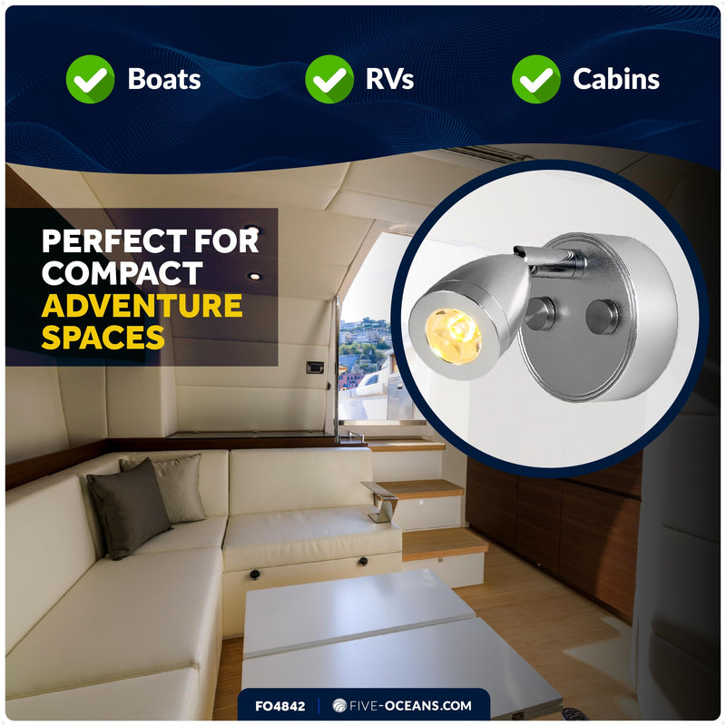 Five Oceans LED Reading Light with Touch Dimmer on Base/Housing/Swivel, USB-C Port, Warm White 200LM, Silver Housing, 10-28V, RV Interior Lights for Boats, RVs, Trailers - Wall Mount - FO4842