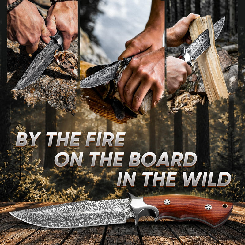 Purple Dragon Fixed Blade Knife with Leather Sheath – Hand Forged Camping Knife with Full Tang Rosewood Handle for Survival Outdoor Tasks, Gifts for Men Outdoor Enthusiasts
