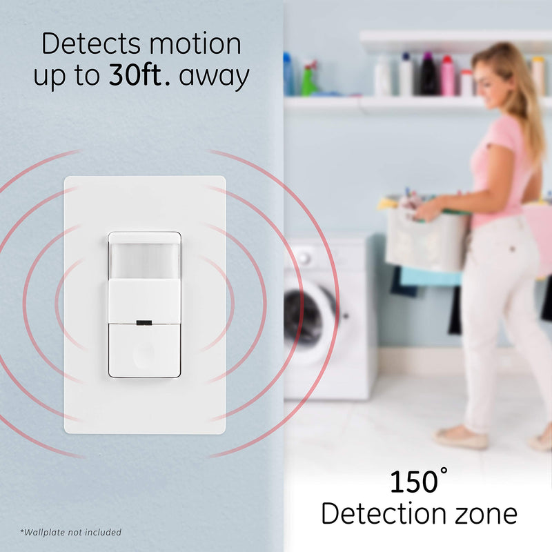 GE in-Wall Motion Sensor Light Switch, Motion Sensor Light Indoor Switch, Occupancy & Vacancy Options, Single Pole, 150 Degree 30ft Detection Zone, Custom Timer, 11927 Motion Sensing