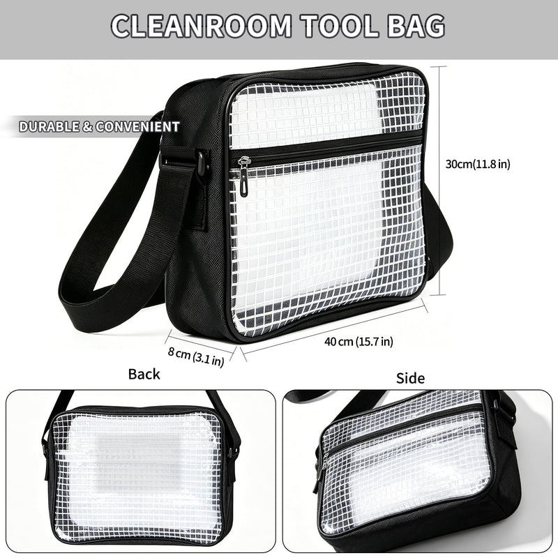 Anti-Static Cleanroom Engineer Bag（Fabric Shoulder Straps）- 15.7 Inch Transparent PVC Tool Bag for Work Travel and Daily Use Black 1
