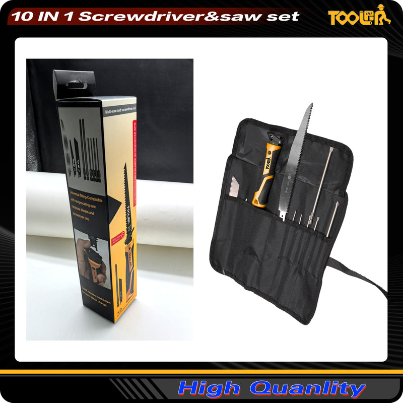 10-in-1 Multi-bit Screwdriver Set (Slotted & Phillips Bits) Quick Change Mechanism Portable Multi-Purpose hand saw For Cutting Wood/Metal/Drywall Suitable for outdoor and daily repair tools