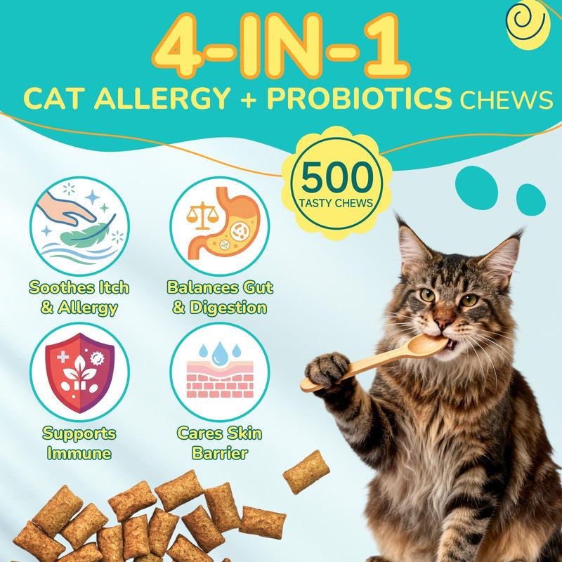 Cat Itch Relief Chews, Allergy Support for Cats, Anti Itch Skin Care Supplement, Quercetin Turmeric Immune Support, Chicken Flavor Crunchy Chews with Center, 500 Ct