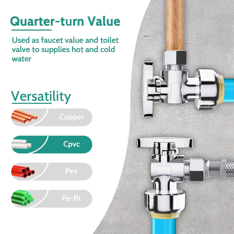 VINTEX 10 Pack Angle Stop Valve 1/2"Push X 3/8" Threaded Compression, 1/2 Inch Push x 3/8 Inch Compression Water Shut Off Valve, 9/16-24UNEF Thread, Copper, CPVC, PE-RT