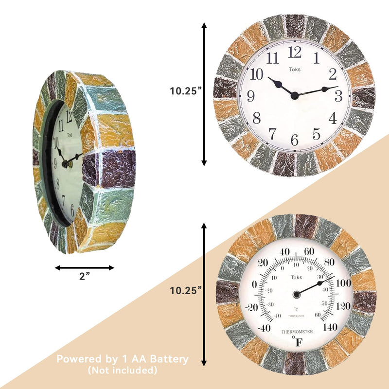 Lily's Home Indoor or Outdoor Large Hanging Wall Clock and Thermometer Set. Made of Durable Polyresin Plastic. 10" Inch Diameter. (Stone)