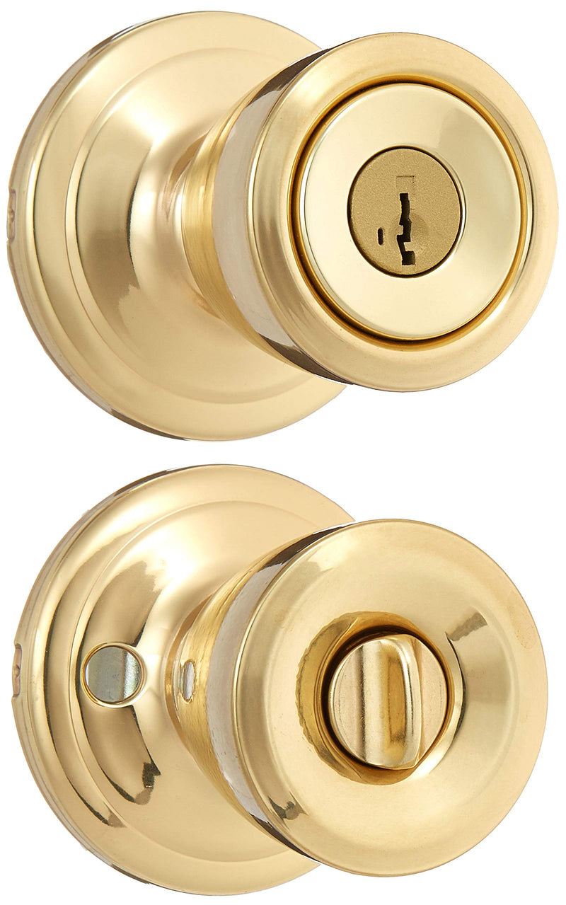 Kwikset Abbey Entry Door Knob with Lock and Key, Secure Keyed Handle Exterior, Front Entrance and Bedroom, Polished Brass, Pick Resistant SmartKey Rekey Security 1 Count (Pack of 1)