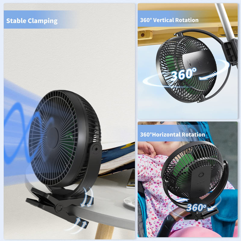 Clip on Fan, Rechargeable Portable Fan, 8 Inch Small Desk Fan - 10000mAh Battery Powered Fan with 4 Speed, 360° Rotation Personal Fan Suitable for Golf Cart, Bedroom, Travel and Camping (Green) Black+Green