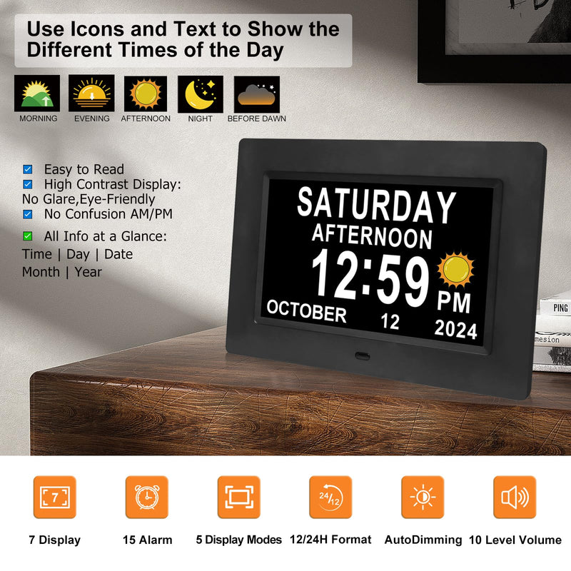 Digital Calendar Dementia Alarm Clock with Day and Date for Elderly - 15 Alarms 5 Colors Display Large Display Alzheimers Clock Large Digital Clock for Seniors (7in Black) 7''black