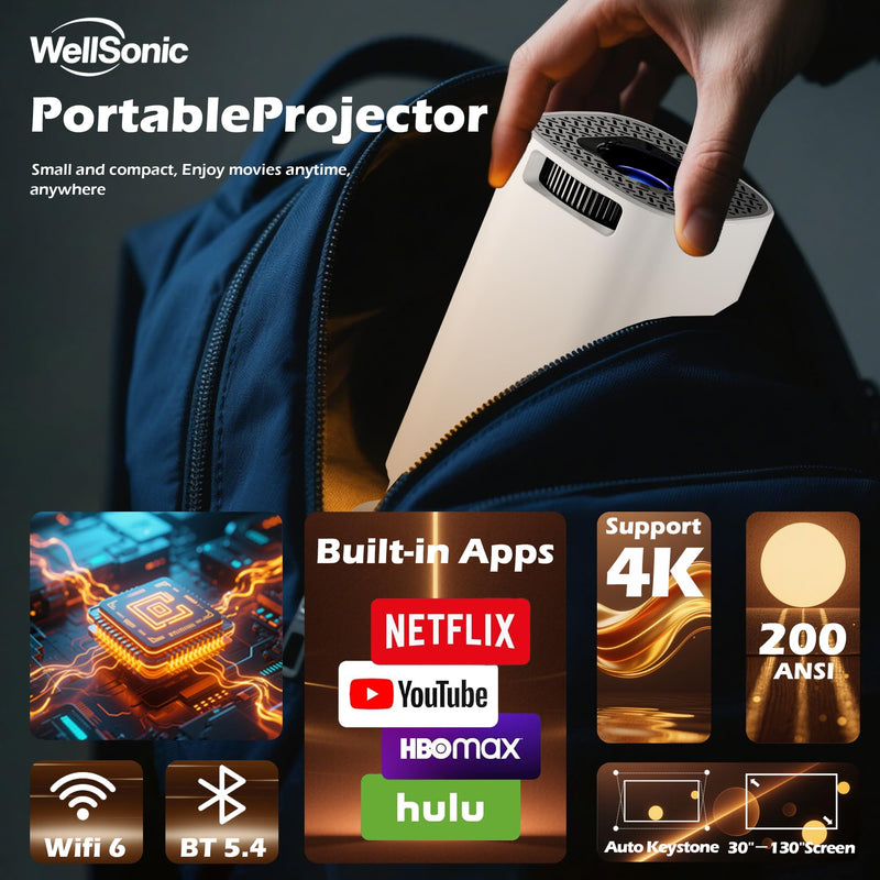 Mini Projector with Wifi and Bluetooth, 4K Protable Smart Projector Build-in Android 14, 130" Screen Auto Keystone Movie Projector Compatible with HDMI Phone TV Stick for Bedroom Outdoor