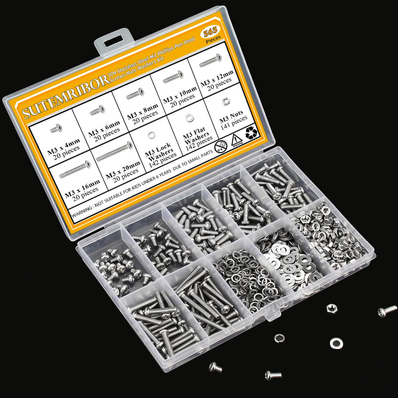565 Pieces M3 Machine Screws Nuts Washers Set, Sutemribor M3 x 4/6/8/10/12/16/20mm Phillips Pan Head Machine Screws Nuts Washers Assortment Kit, 304 Stainless Steel, Fully Threaded