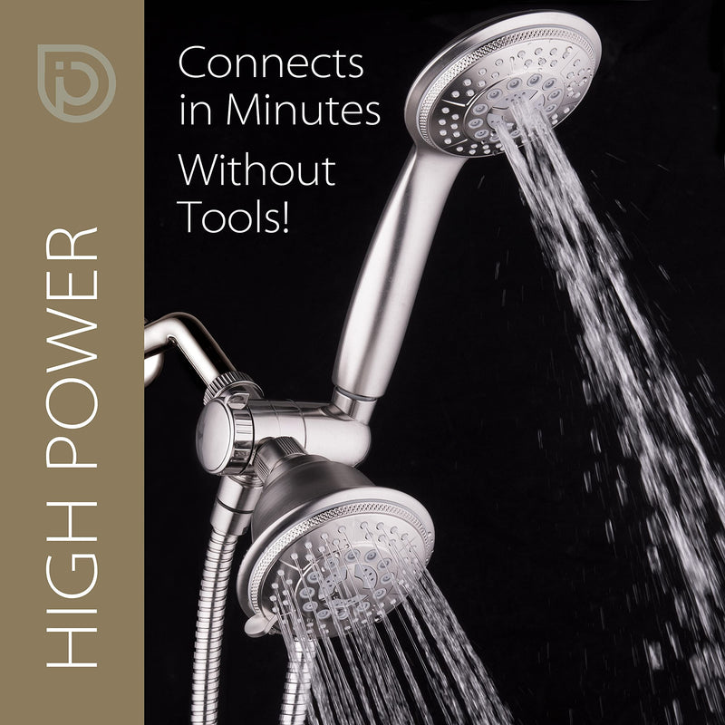 1733 Handheld Showerhead & Rain Shower Combo. High Pressure 24 Function 4" Face Dual 2 in 1 Shower Head System with Stainless Steel Hose, Patented 3-way Water Diverter in Nickel Finish 2.5 Gallon Per Minute Brushed Nickel