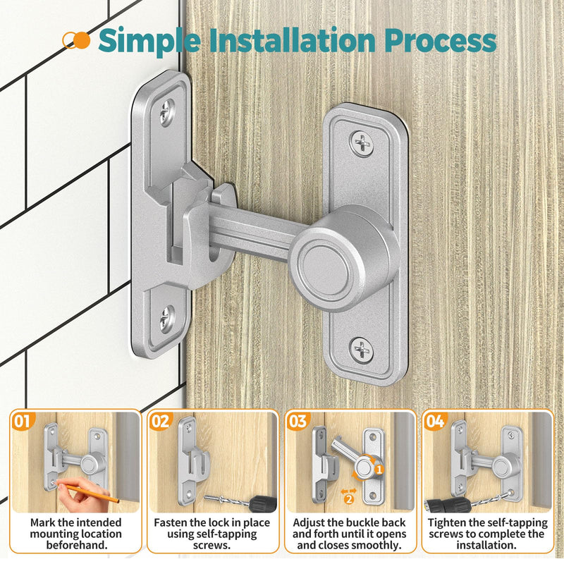 90°/180° Barn Door Lock, Heavy Duty Rust-Proof Zinc Alloy Security Sliding Door Lock - Gate Latch for Barn, Garden, Bathroom, Fence, Cabinet (Silver-2 Pcs) Silver-2 Pcs