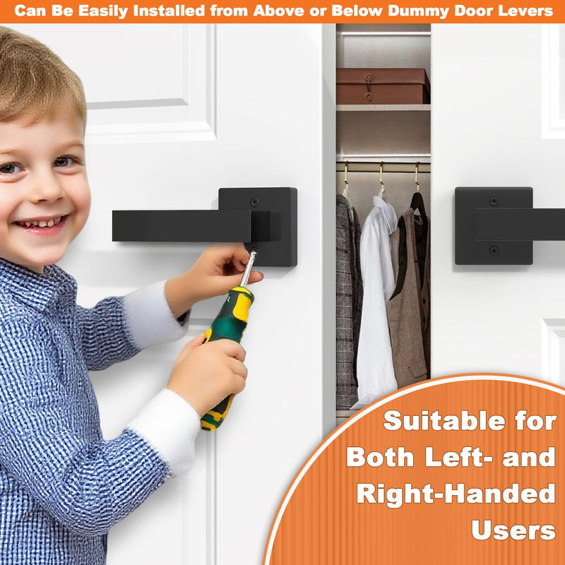 Dummy Door Handles Interior - Pack of 4, Matte Black Door Handle Single Side Lever for Closet & French Doors | Ambidextrous Square Design, Powder Coated Non-Turning and Non-Locking Handle Dummy with Screws