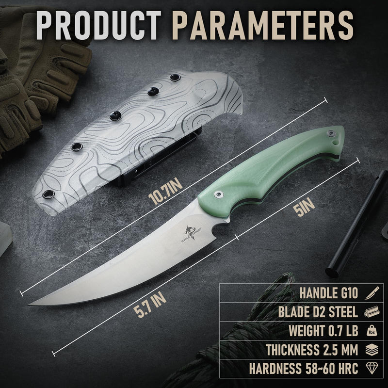 Purple Dragon Hunting Knife with Sheath - D2 Steel Fixed Blade Knife with Ergonomic G10 Handle - Full Tang Survival Knives for Bushcraft, Hiking - Gift Idea for Dad Men - Jade Green