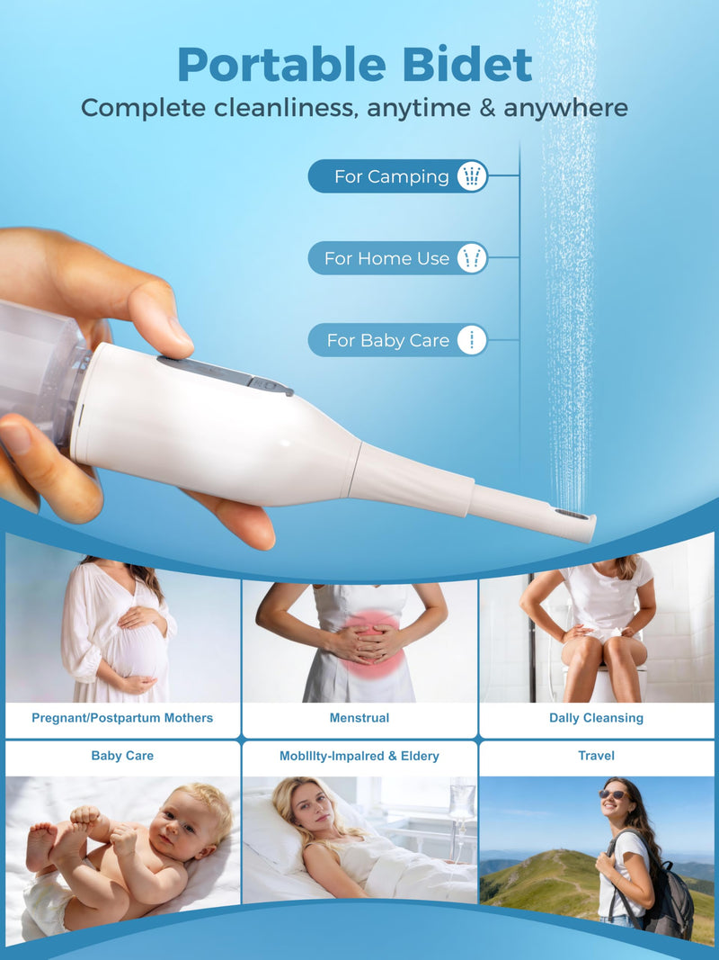 Portable Bidet for Travel, Rechargeable Electric Travel Bidet with Dual Spray Modes, 360°Adjustable Nozzle, High Pressure Cleaning, USB-C Charging, IPX7 Waterproof for Camping Postpartum Hygiene White