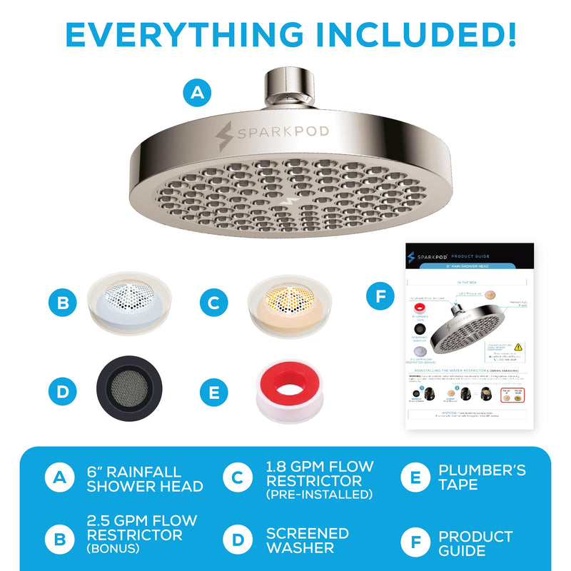 SparkPod Shower Head - High Pressure Rain - Premium Quality Luxury Design - Easy Clean Adjustable Replacement for Your Bathroom Shower Heads (Elegant Brushed Nickel, 6 Inch Round) Elegant Brushed Nickel - NewNest Australia