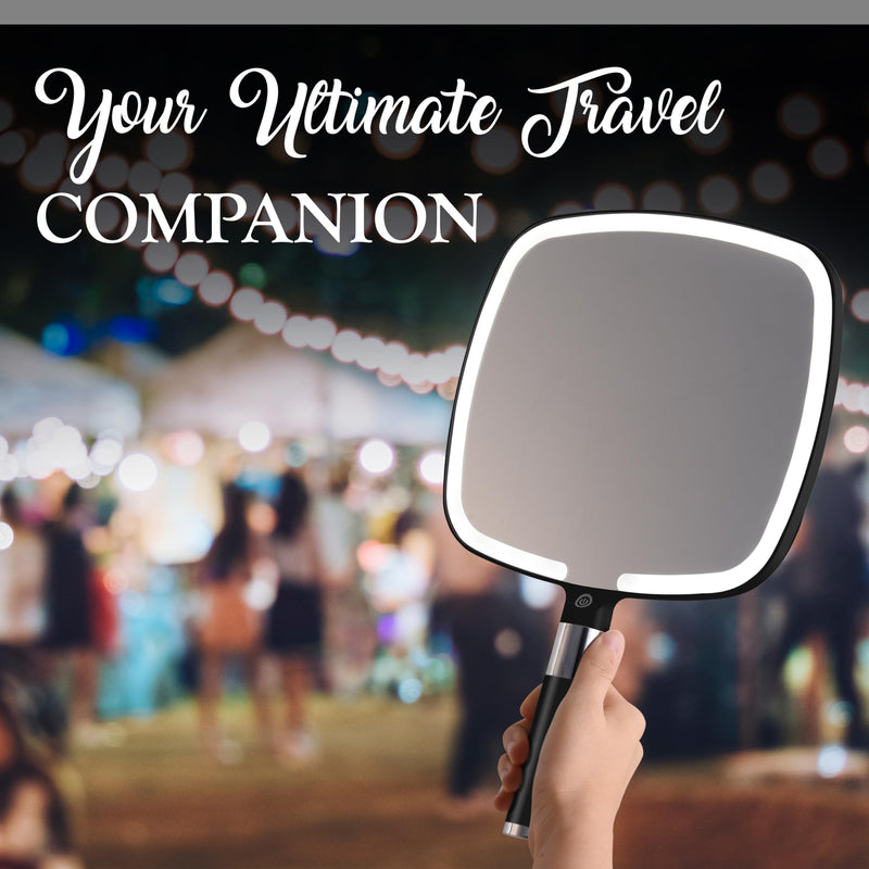 MIRRORVANA Lighted Travel Makeup Mirror - 2 in 1 Handheld & Tabletop LED Mirror with 3 Light Modes, Detachable Stand, and Comfy Handle - 9" x 13" (Black) Negro