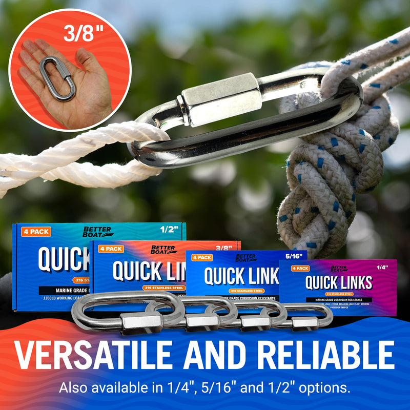 316 Stainless Steel Locking Chain Link, Threaded Quick Link Chain Connector Clips, Heavy Duty D Shape Quicklinks, 1/2", 3/8", 5/16", 1/4" Small Sizes, Marine Grade, 4 Pack Safety Links 3/8" 3/8 "