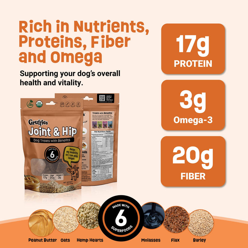 Gruffies Organic Hip & Joint Dog Treats – Natural Joint Supplement for Dogs with Turmeric & Ginger, Healthy Peanut Butter Treats for Mobility, Vet Approved, Non-GMO, Made in Canada, 6 oz (Pack of 1) 6 Ounce (Pack of 1)