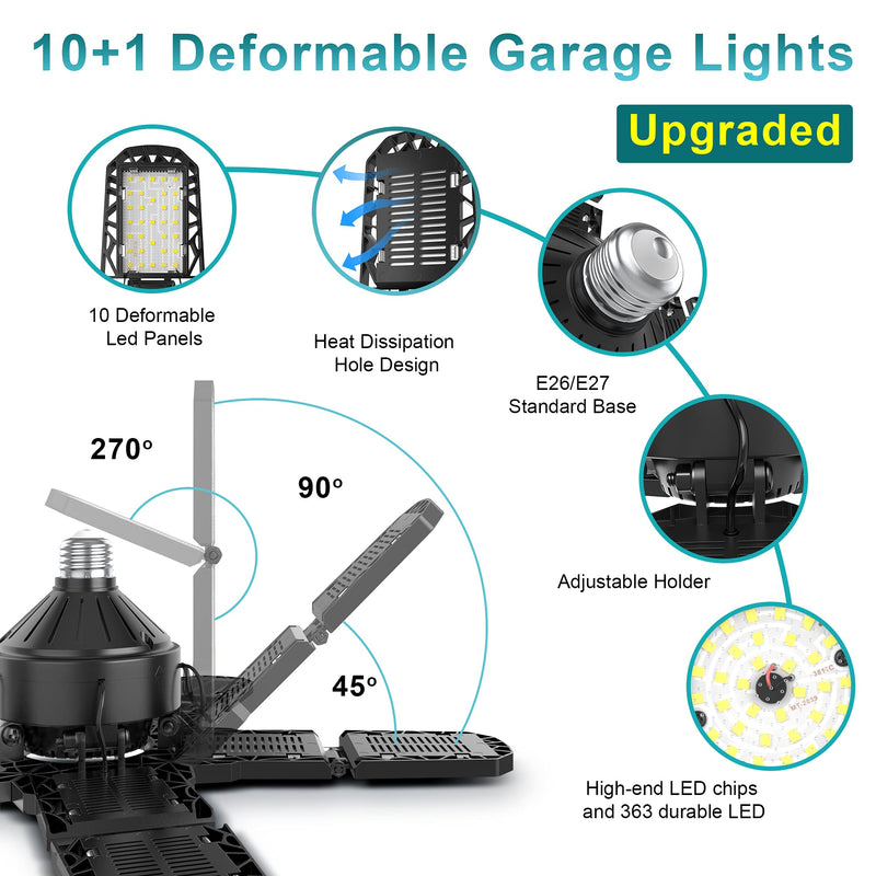 Nexillumi 2-Pack Led Garage Light 180W, 36000LM Garage Lights Ceiling LED with E26/E27 Medium Base, 6000K Deformable LED Shop Lights with 10+1 Adjustable Panels for Garage, Workshop, Attic, Basemen 180W 2 Pack