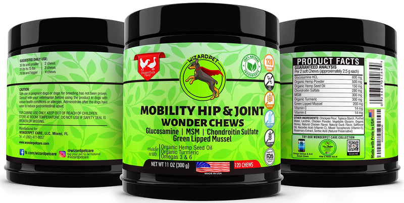 Advanced Hemp Hip and Joint Supplement for Dogs Hemp Oil Glucosamine Chondroitin for Dog Omegas Turmeric MSM Green Lipped Mussel Made in USA Treats Support Mobility 120 Chews