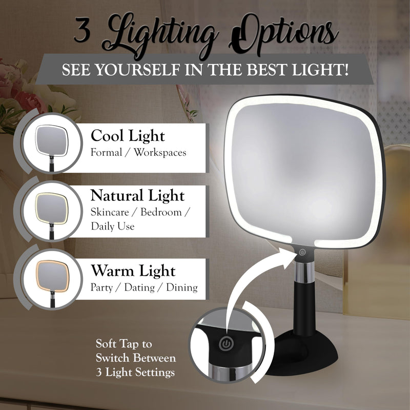 MIRRORVANA Lighted Travel Makeup Mirror - 2 in 1 Handheld & Tabletop LED Mirror with 3 Light Modes, Detachable Stand, and Comfy Handle - 9" x 13" (Black) Negro