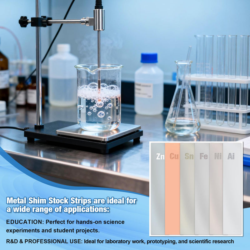 15 Pc Metal Electrodes Set Electrode Strips Kit Metal Strips Shim Stock Zinc Iron Copper Nickel Tin Aluminum Copper and Carbon for Scientific Experiments Electroplating Plating 15