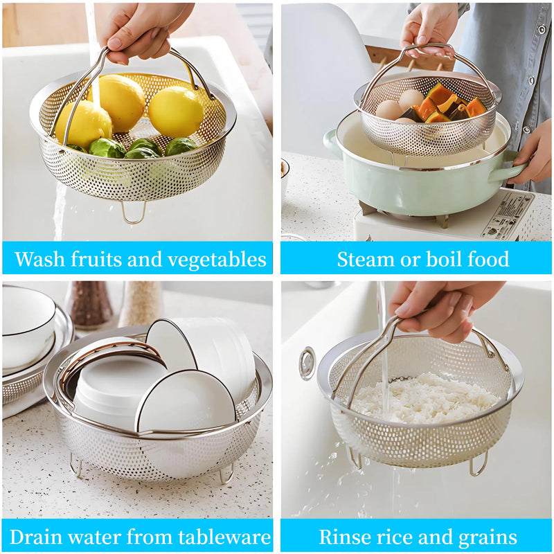 8.7 Inch Stainless Steel Steamer Basket for Pot - Heavy Duty Mesh Food Steamer Insert with Handle & Stable Feet - Multipurpose Rice Washer, Colander & Fruit Strainer - Fits 6 & 8 Qt Pressure Cookers