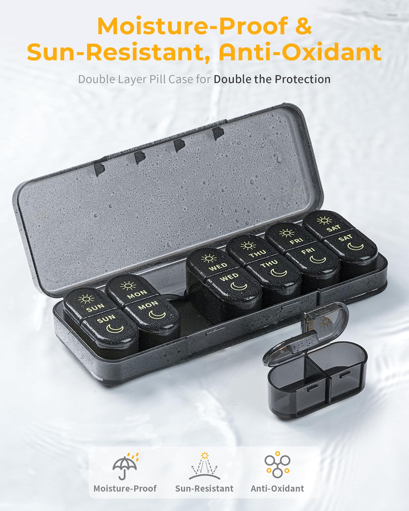 Weekly Pill Organizer 2 Times a Day, AM PM Pill Organizer 7 Day, Large Pill Box 7 Day, Travel Pill Case Daily, Black Privacy Protection Medicine Container for Medication, Vitamins, Supplements