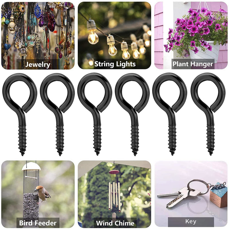 WANBAO 1 Inch Small Screw Eyes Metal Screw Hooks 100 Pcs Ring Screws Fasteners Hardware Tools Black