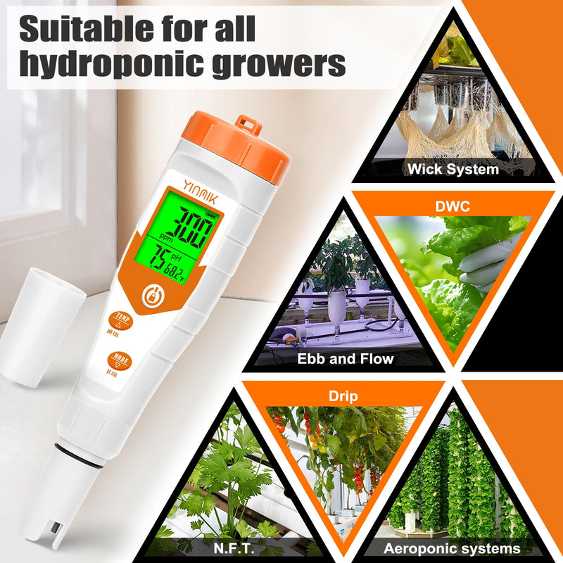 pH Meter for Hydroponics PPM EC Meter for Plant Nutrients Simultaneous Measurement of pH Conductivity TDS Temperature for Reservoir Tank Water DWC Aeroponic Garden Indoor Outdoor Growing 4 in 1 pH Meter with Calibration Liquid
