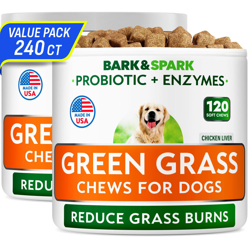 BARK&SPARK Green Grass Chews - Pee Grass Spot Saver Caused by Dog Urine - Urine Neutralizer for Lawn, Gut Health Probiotics & Digestive Enzymes,Lawn Burn from Dog Urine, Grass Burn Spot Chews (240Ct) 240Ct (Chicken)